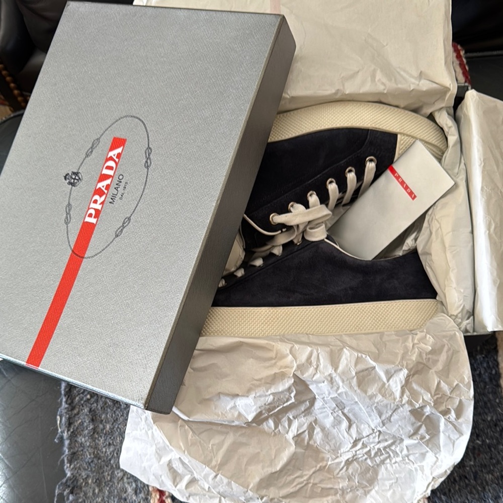 Prada Blue Suede and White Sneakers Never Worn